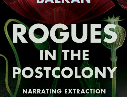 Rogues in the Postcolony cover, large transparent red poppy flower with green leaves on a black background