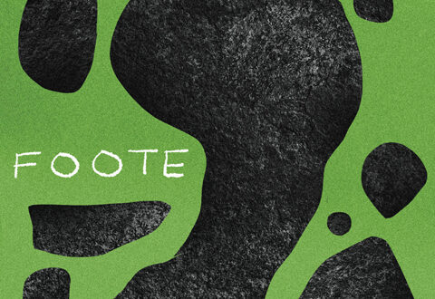 Green background with black textured rocks surrounding rocks in the shape of a footprint