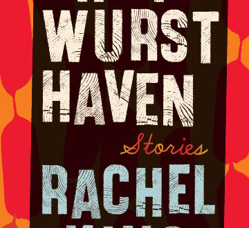 Black tilted box in the center with white and blue text, in the background red linked sausages hanging vertically on an orange background