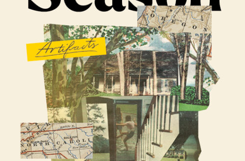 Cream background with black title, subtitle on yellow rectangle on top of a mural made out of cut out images of maps of Oregon, North Carolina, megaladon teeth, trees, a white house on a green lawn, a staircase, and early adolescent girls talking on porch sitting in chairs