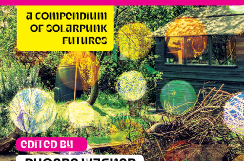 garden shed with trimmed branches and raised bed gardens in front with overlay of translucent yellow and white circles