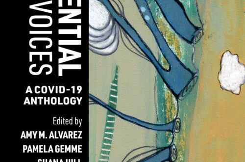 black vertical stripe on the left with white text; drawn picture of a coronavirus in blue, green, yellow, and white