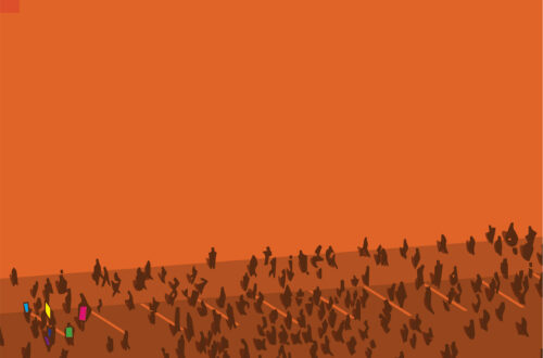 orange background with mall small gray stick figures carrying signs