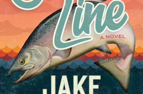 illustration of a leaping coho salmon against a stylized background of a salmon-colored sky and dark blue ocean, with the text Slime Line in a bold handwriting font in a blue-green color with a white stroke around the letters